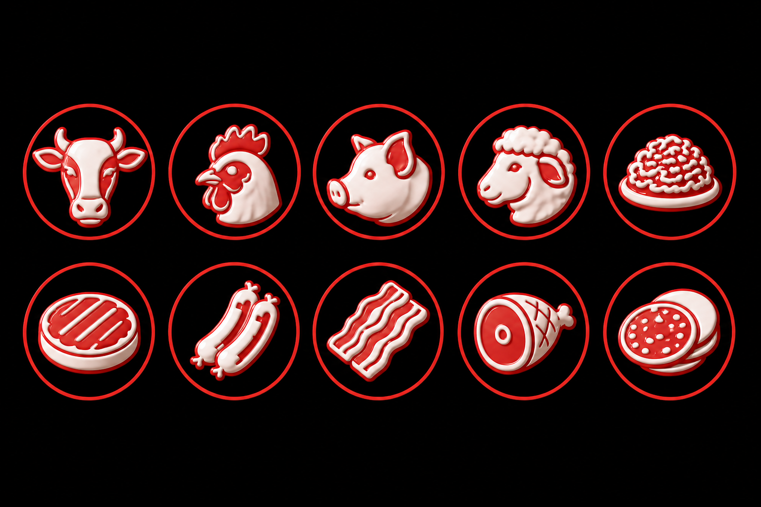 Advanced livestock and meat icon system designed for direct food identification.