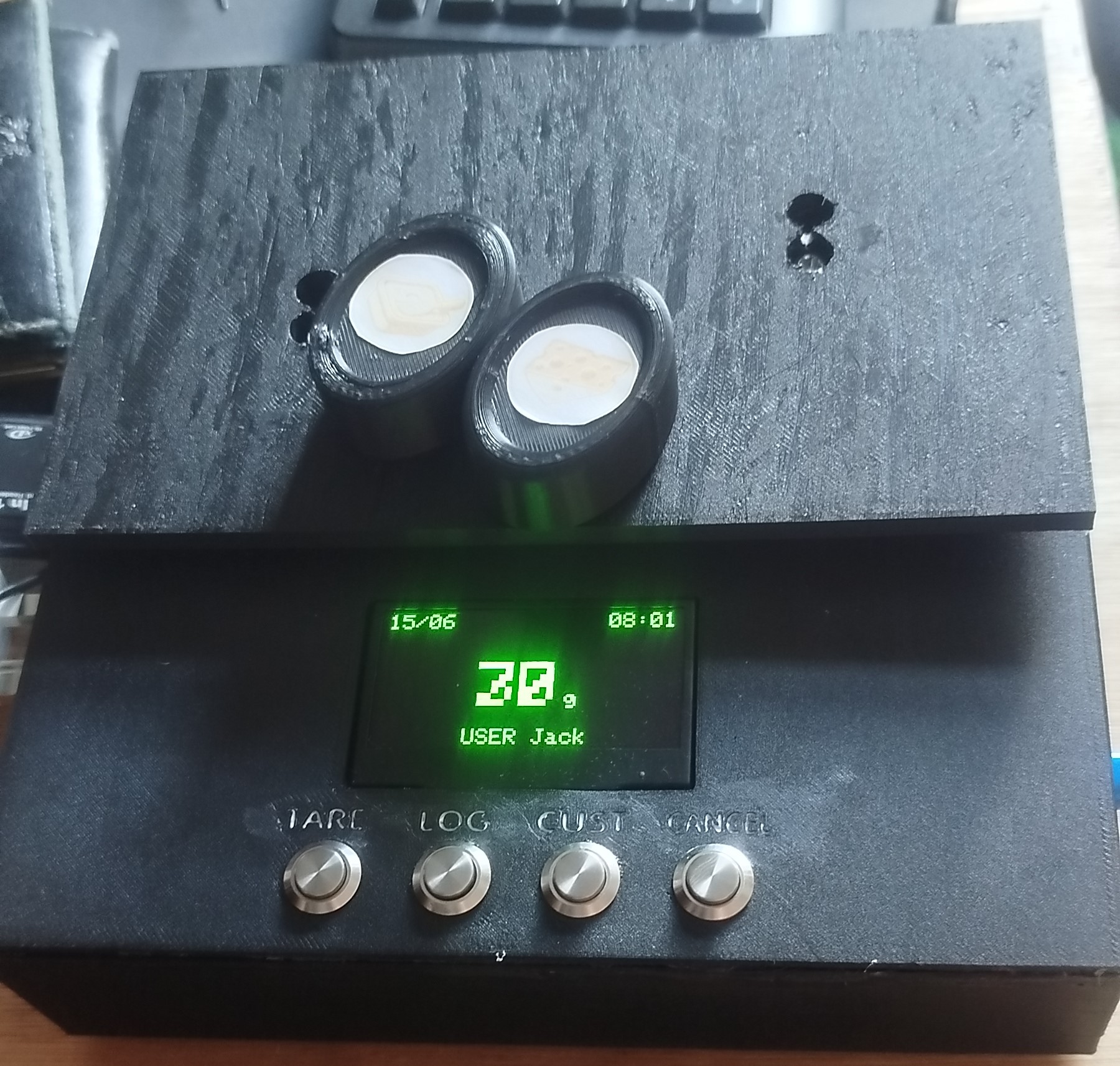 Advanced AxiomScale prototype with dedicated controls, display and NFC interaction area.